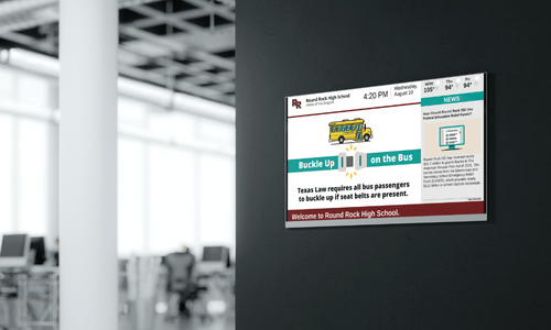 Mock up of a digital monitor on an interior wall showing campus template