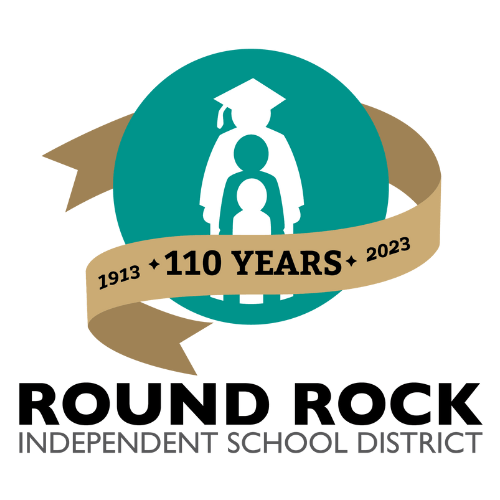 The Round Rock ISD logo is wrapped in a gold ribbon. Text on the image reads, "1913 to 2023. 110 years.