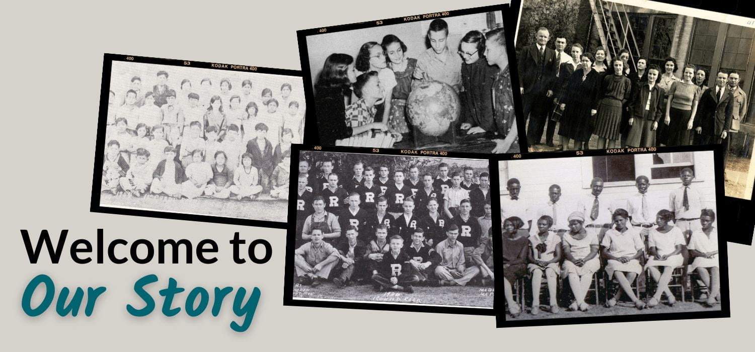 Collage of old photographs of students and staff. Text on image reads, "Welcome to our Story."