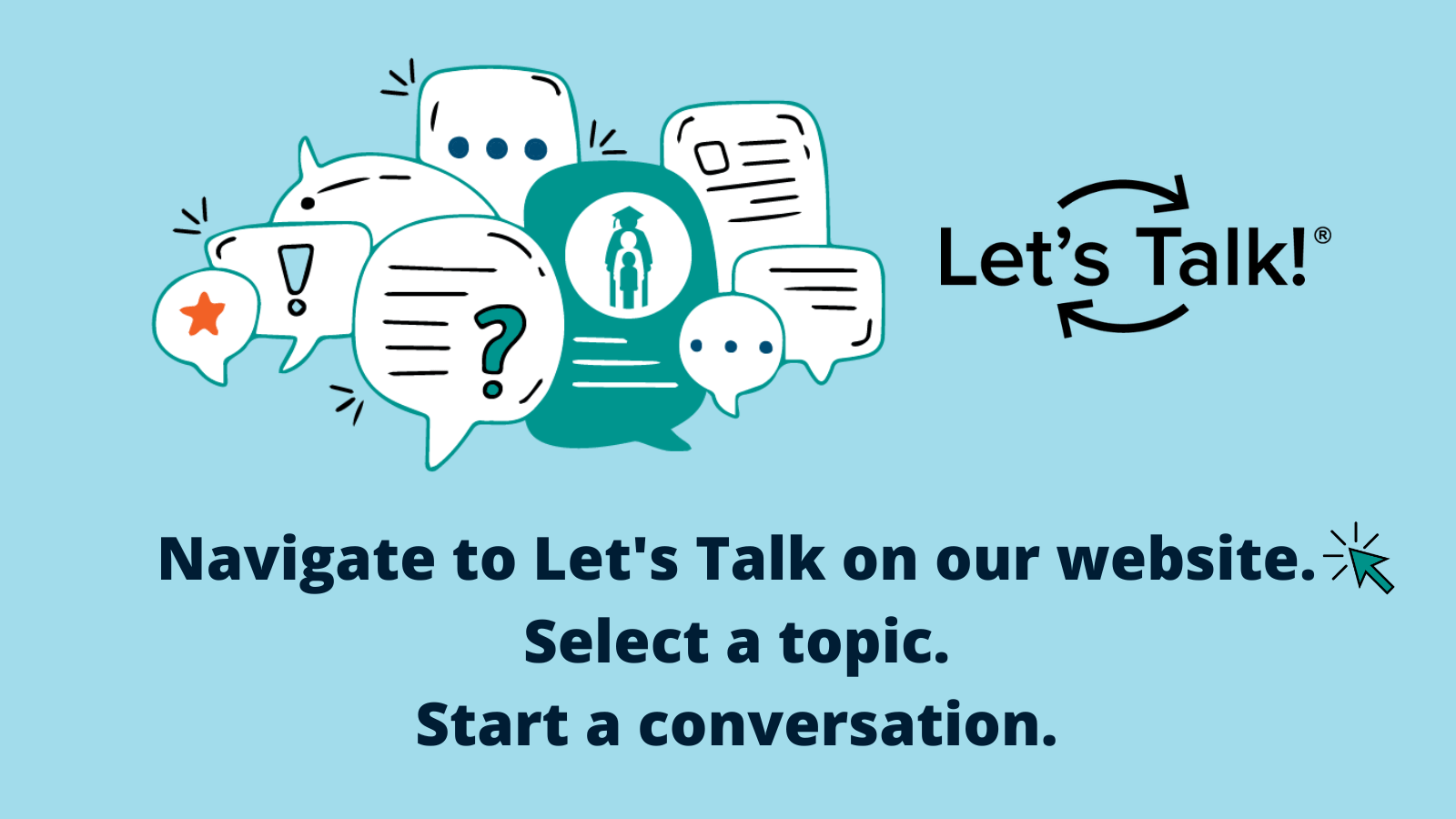 A collage of various speech bubbles appears above text that reads, "Navigate to Let's Talk on our website. Select a topic. Start a conversation." Image sized for Twitter.