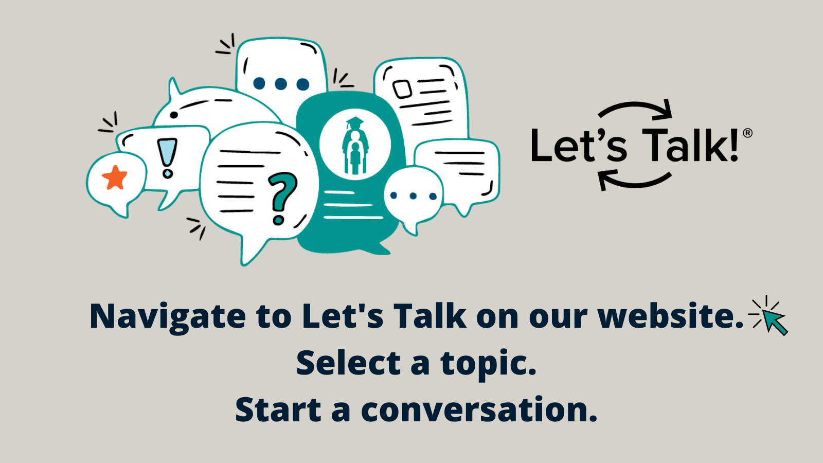 A collage of various speech bubbles appears above text that reads, "Navigate to Let's Talk on our website. Select a topic. Start a conversation. Let's Talk." Image sized for Twitter.