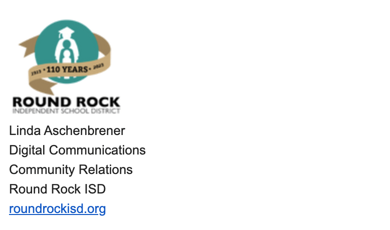 The Round Rock ISD logo is wrapped in a gold ribbon. Text on the image reads, "1913 to 2023. 110 years.