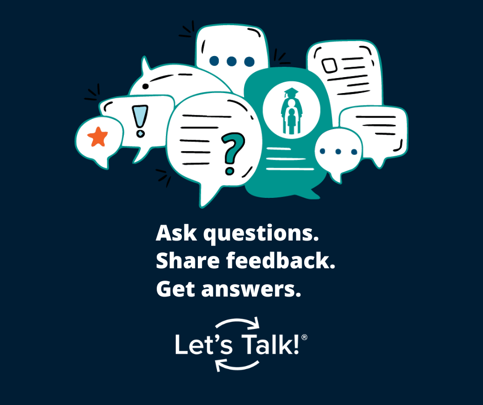 A collage of various speech bubbles appears above text that reads, "Ask questions. Share feedback. Get answers. Let's Talk. Image sized for Facebook.