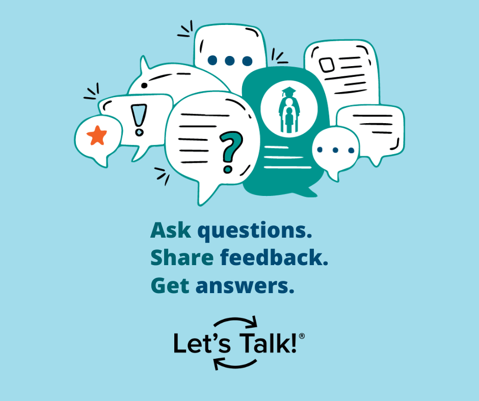 A collage of various speech bubbles appears above text that reads, "Ask questions. Share feedback. Get answers. Let's Talk.
