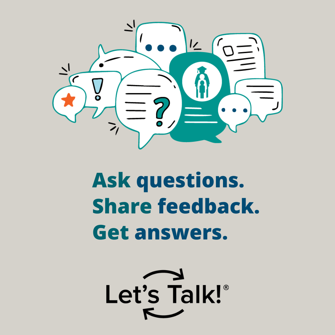 A collage of various speech bubbles appears above text that reads, "Ask questions. Share feedback. Get answers. Let's Talk. Image sized for Instagram.