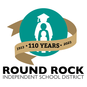 The Round Rock ISD logo is wrapped in a gold ribbon. Text on the image reads, 